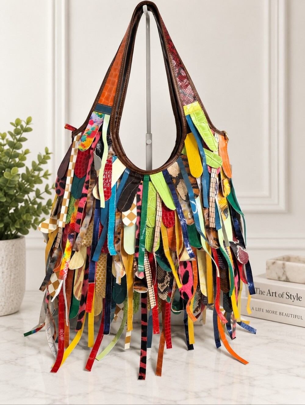 Multicolor Fringe Genuine Leather Hobo Bag Patchwork Boho Shoulder Purse NWT